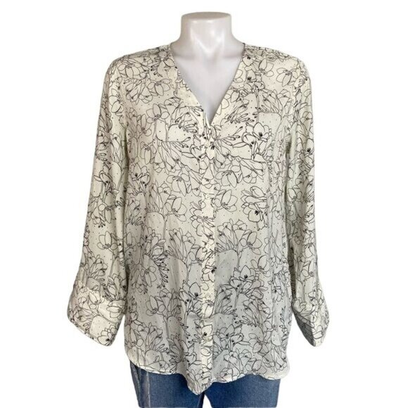 Treasure & Bond Tops - Treasure & Bond Penciled Floral Button Down Wide Sleeve Blouse Black Off White T